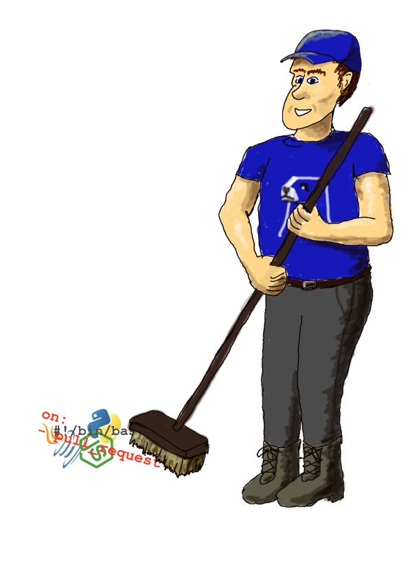 Image of a friendly custodian leaning on a broom